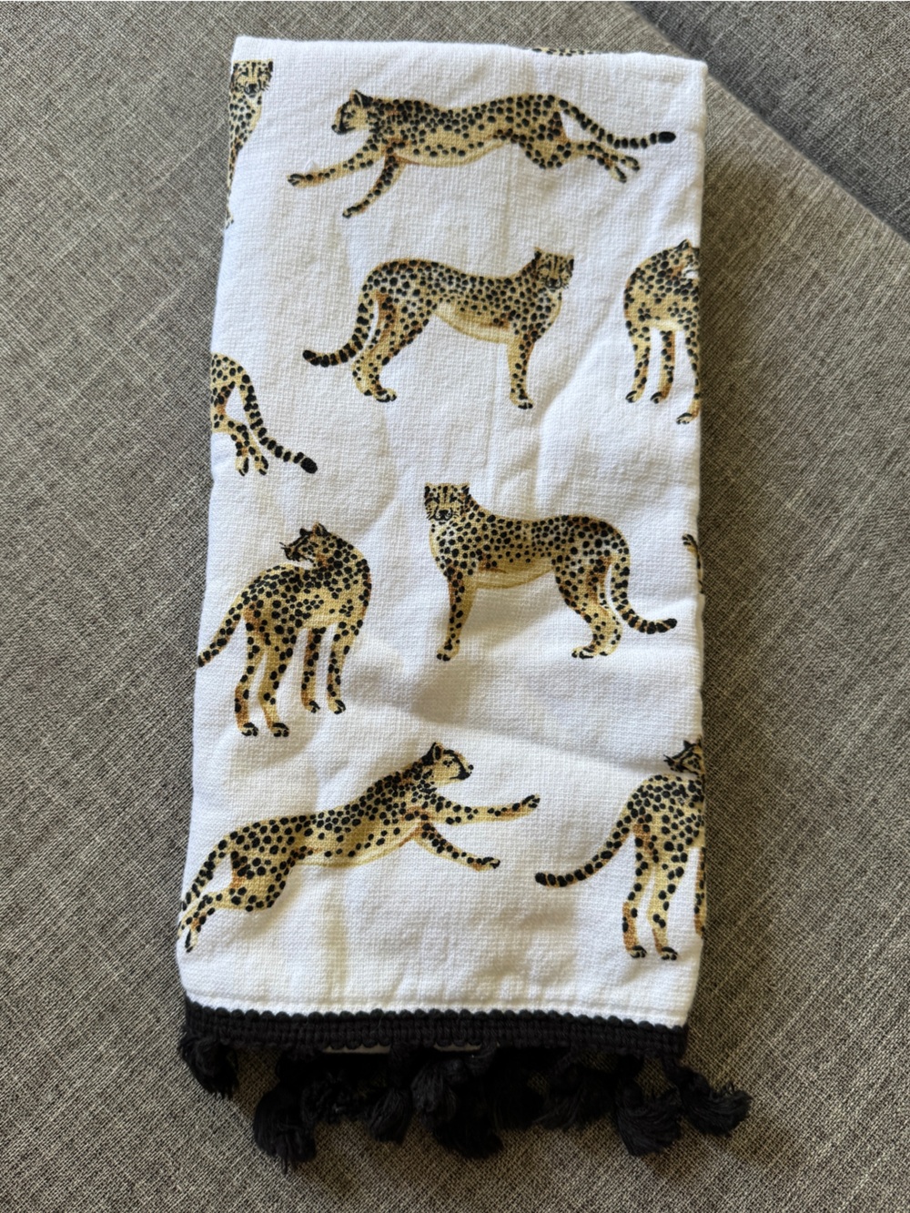Leopard Print Tassel Hand Towel - White & Gold
